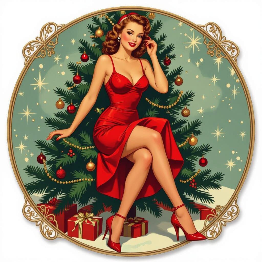 1950s Christmas Pin-Up Girl by Decorated Tree