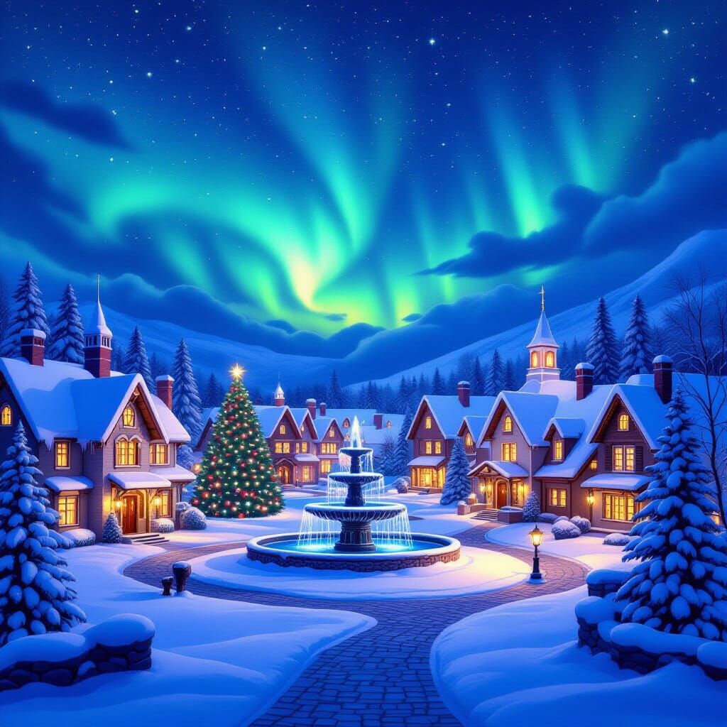 Magical Snow-Covered Santa's Village Under Aurora Sky