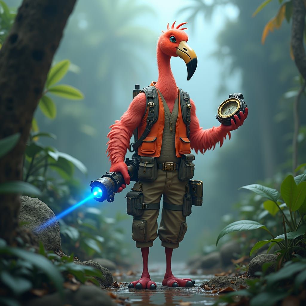 Flamingo Surveyor in Tropical Dreamscape, Fantasy Concept Ar...