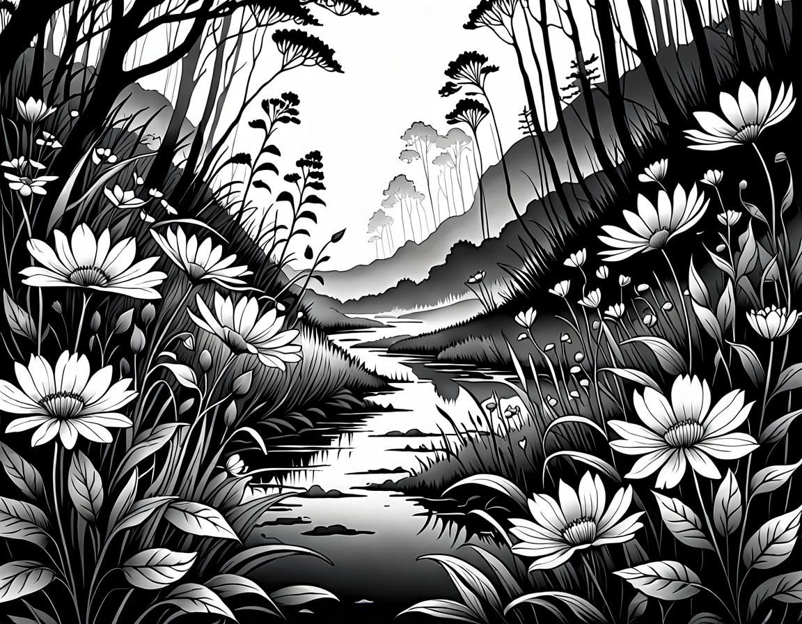 Intricate Wildflower Abstract in Black and White Ink