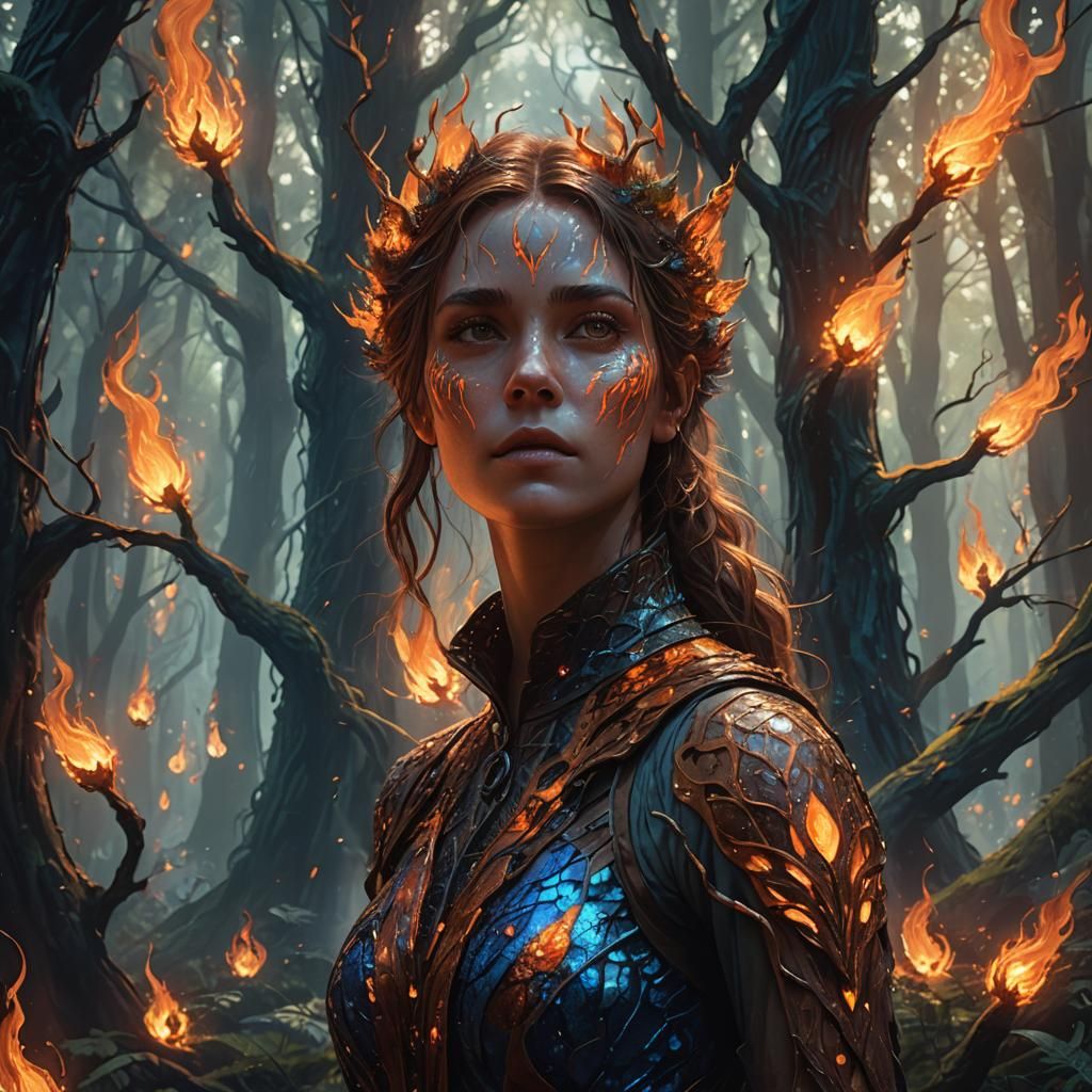 Woman with Fire Skin in Mystical Forest
