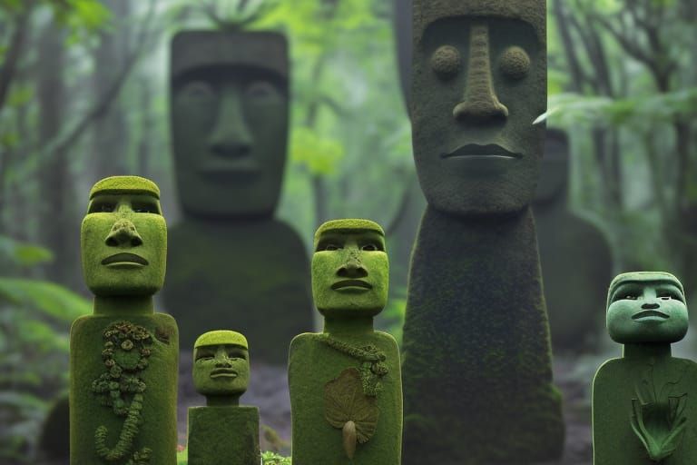 Moss Covered Tiki Gods in a Surreal Jungle