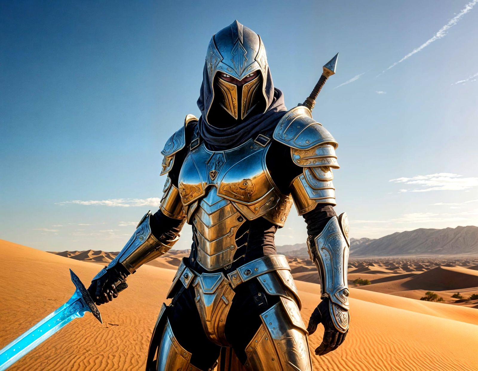 Hooded Warrior in Post-Apocalyptic Desert Landscape