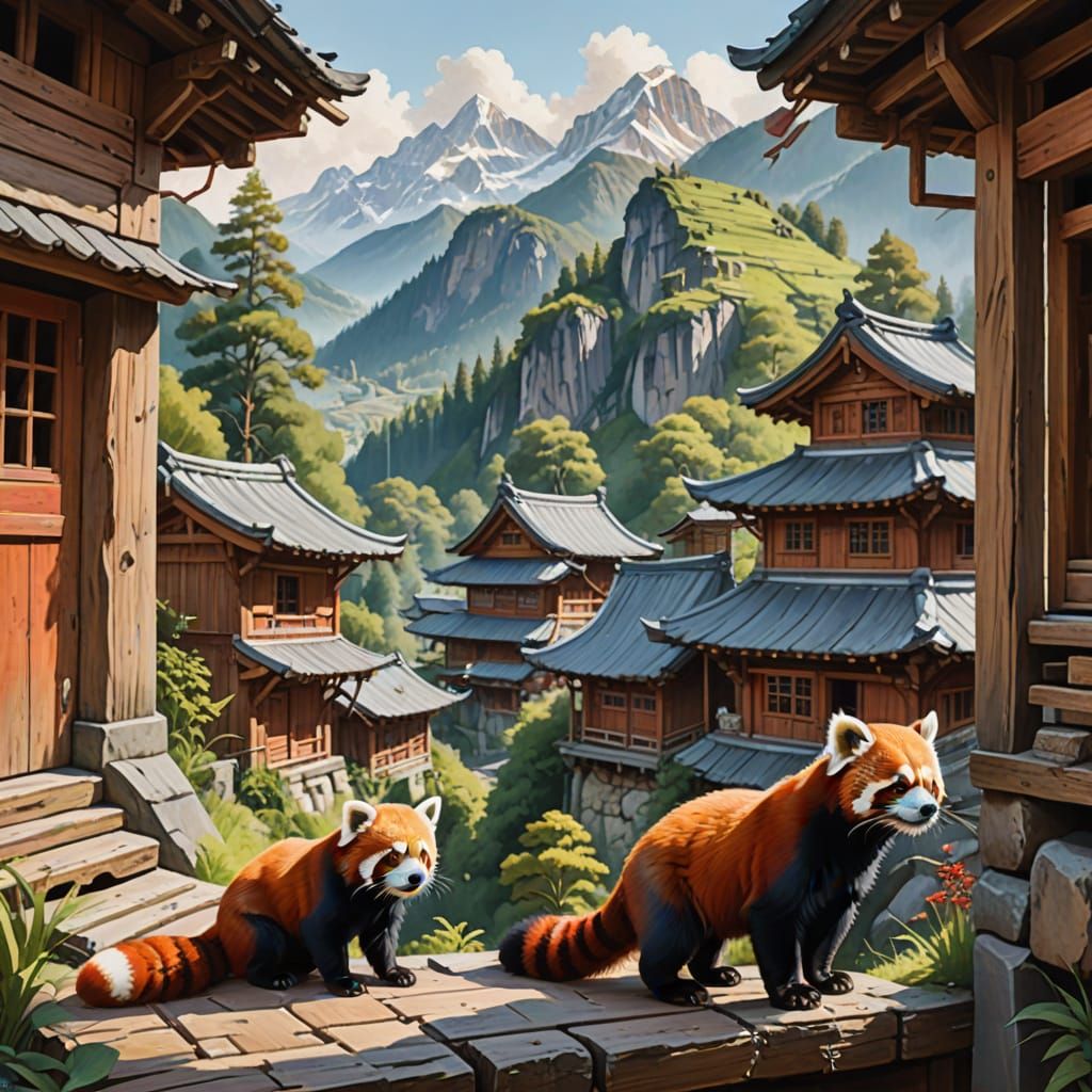 Red Pandas Explore Mountain Village in Gouache Painting