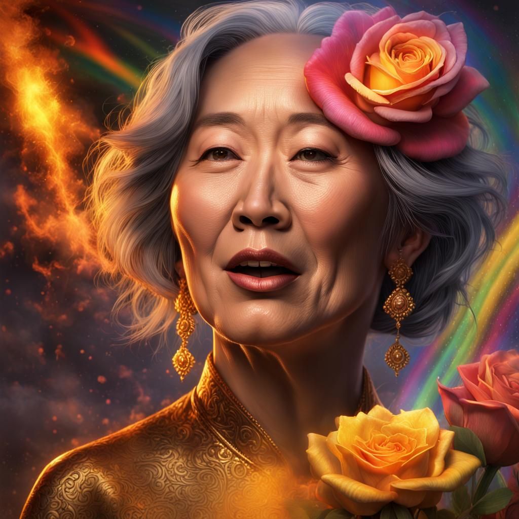 Asian Woman with Rainbow Fire and Golden Light