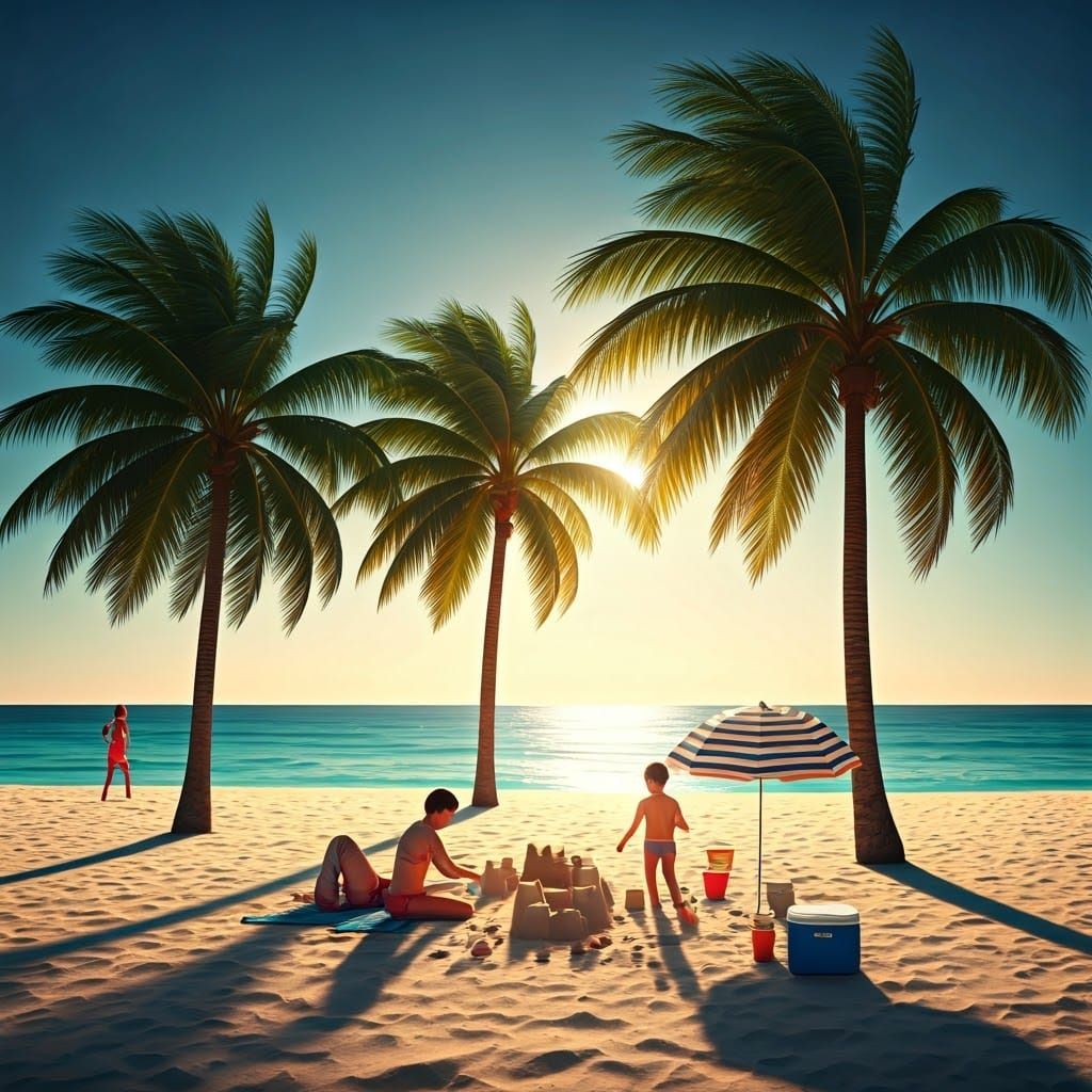 Photorealistic Beach Scene with Palm Trees and Sunlight