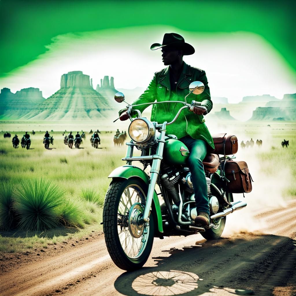 Cowboy Rides Antique Motorcycle in Double Exposure