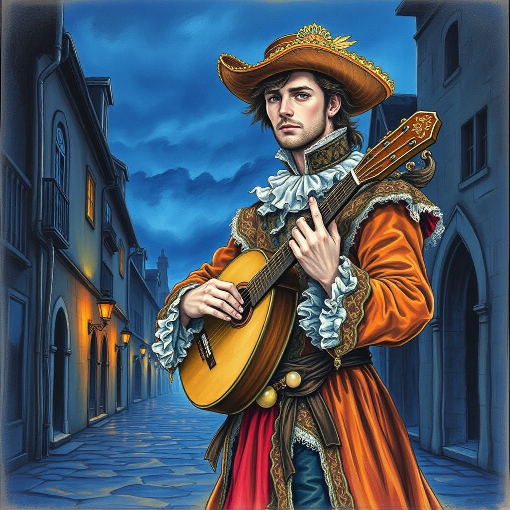 Medieval Minstrel in Darkened Alleyway