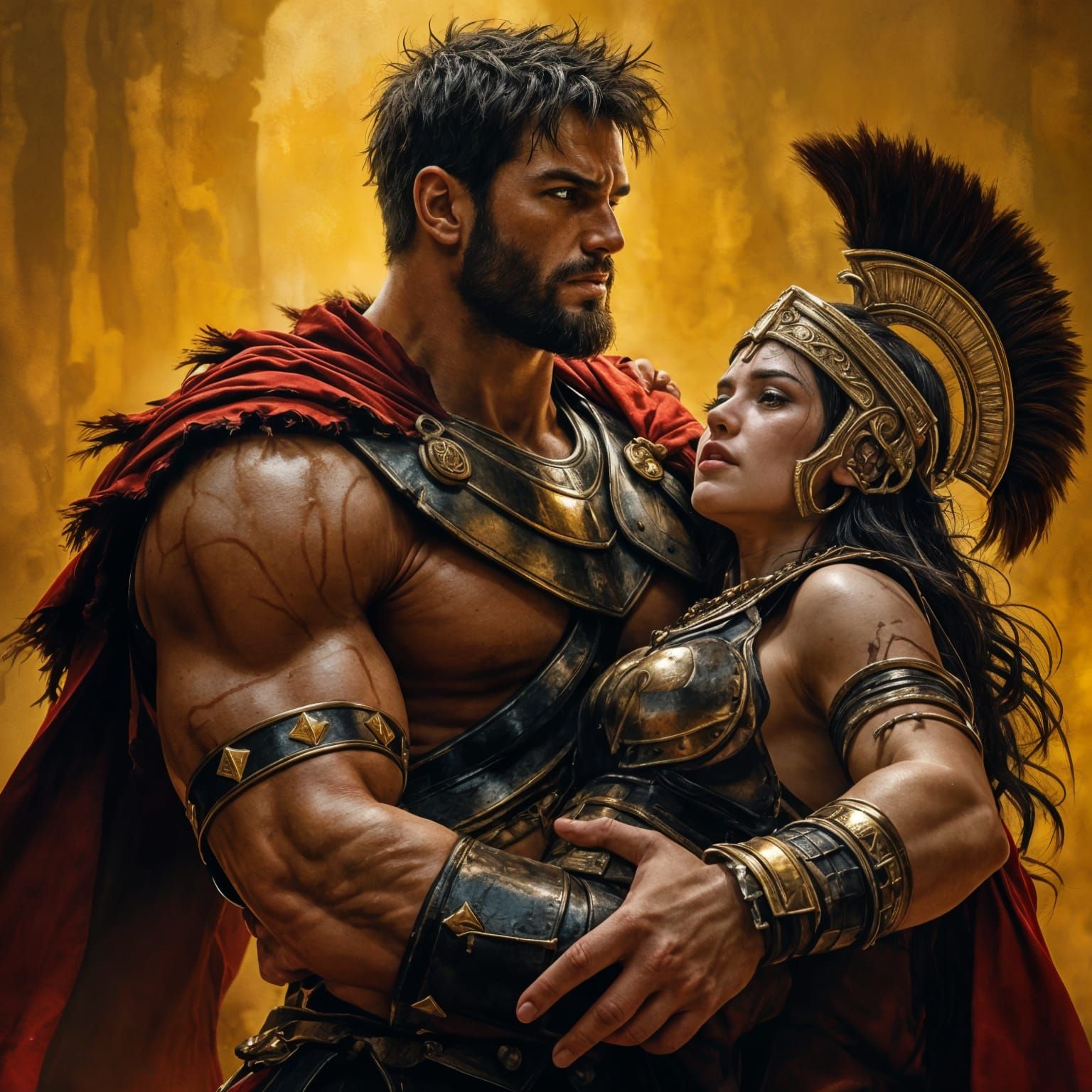 Warrior's Tender Moment in Spartan Attire