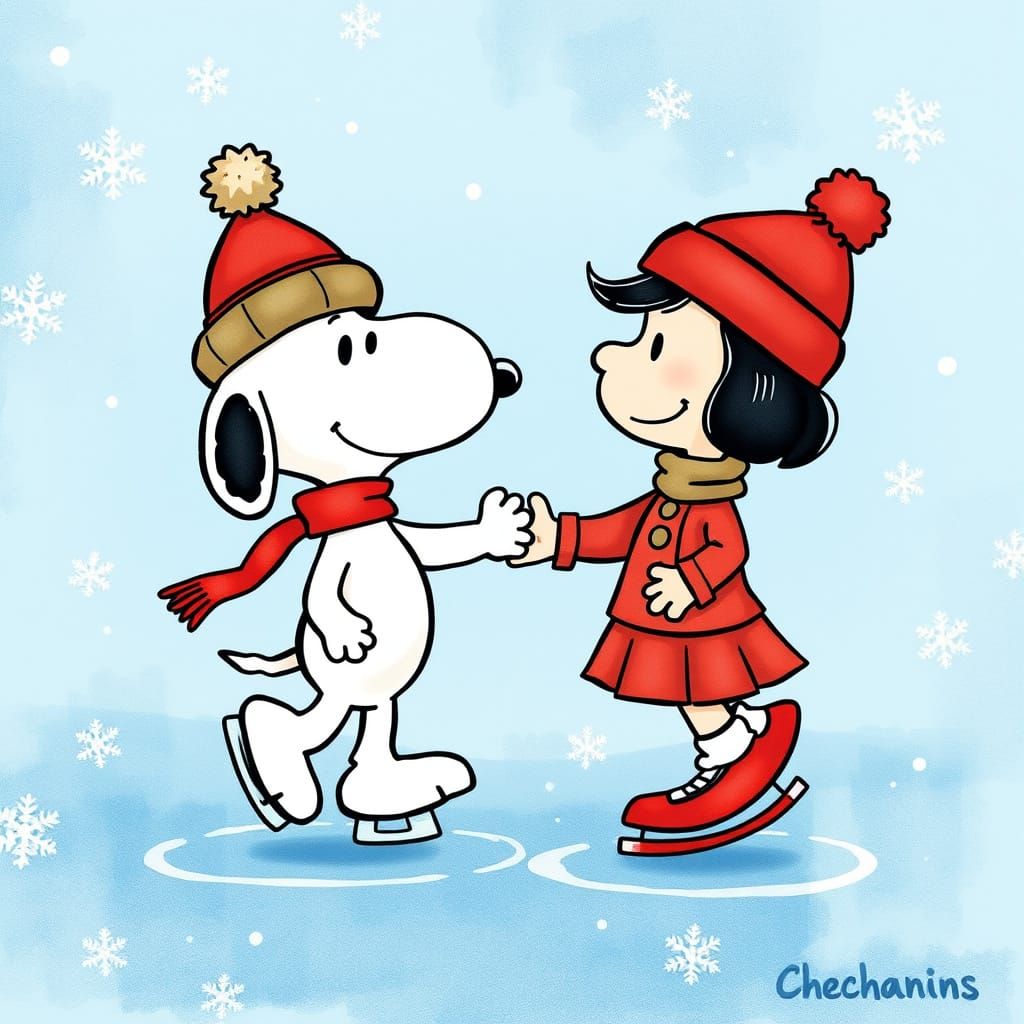 Snoopy and Lucy Ice Skate Together in Classic Cartoon Style