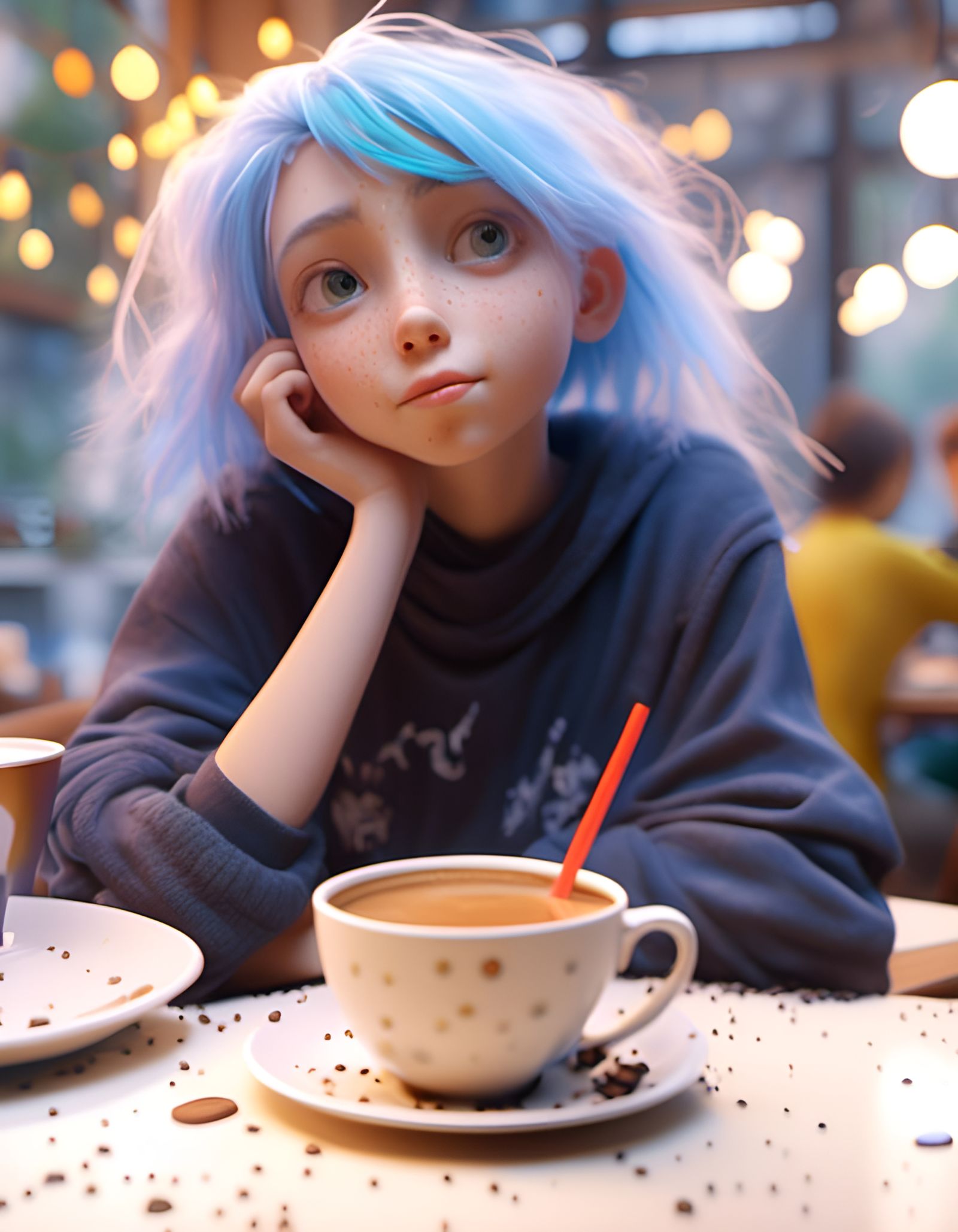 Tired mother of two children relaxing in a cafe with a cup o...