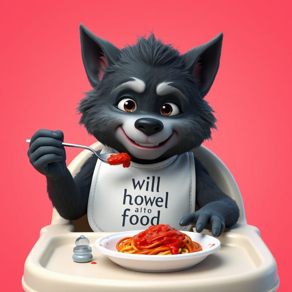 Cute Werewolf Baby Covered in Spaghetti, 3D Render