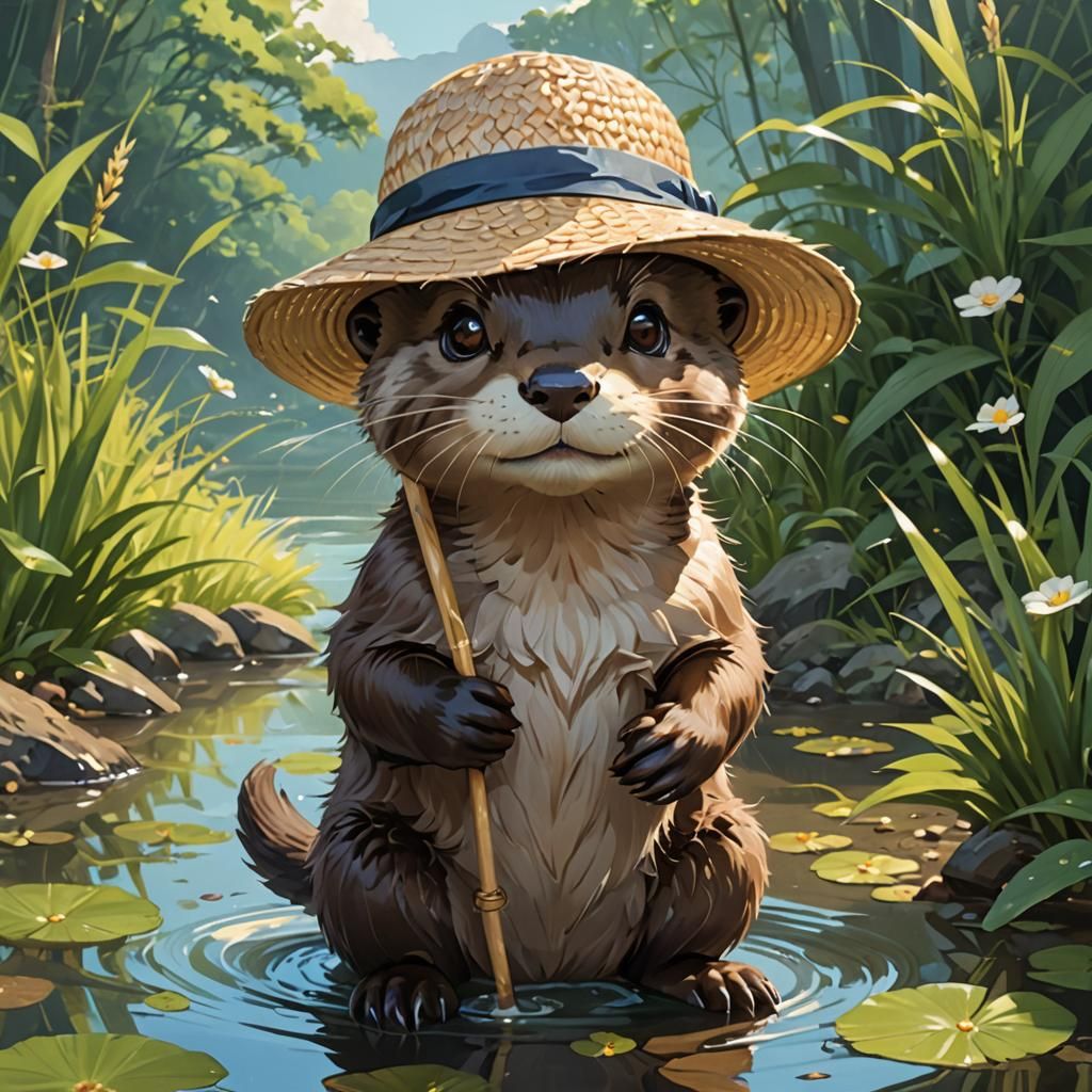 Playful Otter in Straw Hat: Anime-Inspired Acrylic Painting