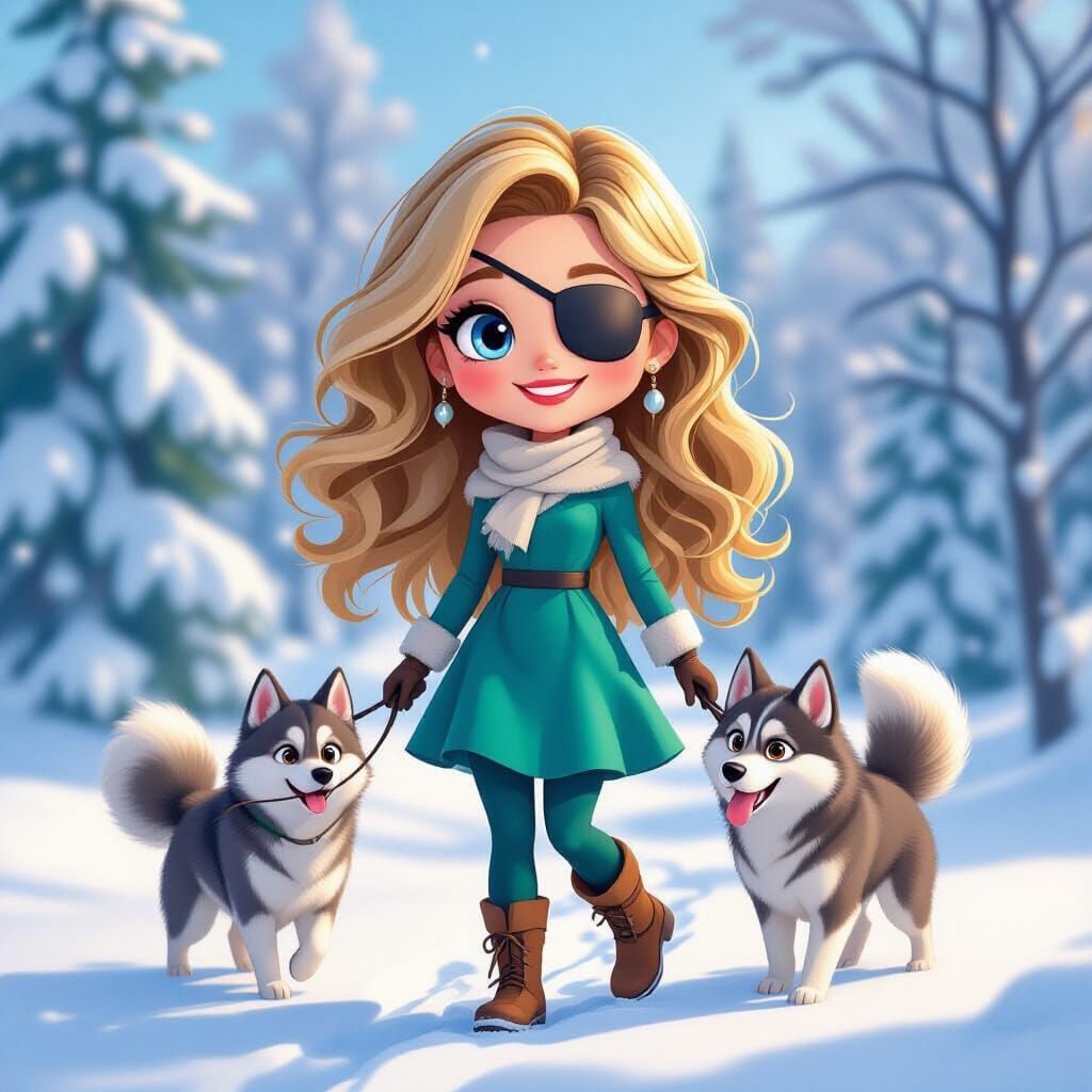Chibi Woman and Huskies in Snowy Lapland, Pixar Style