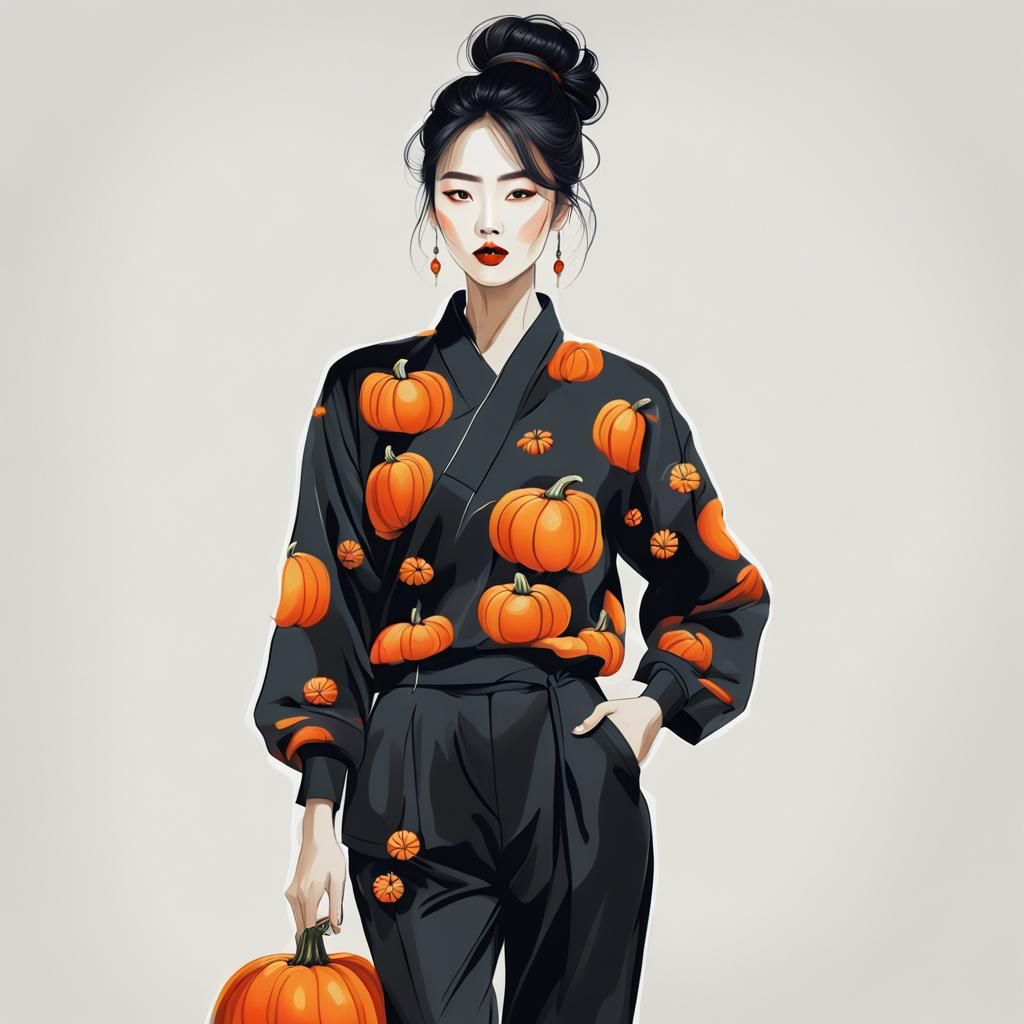 Korean Woman in Pumpkin Pajamas: Dark Fantasy Portrait