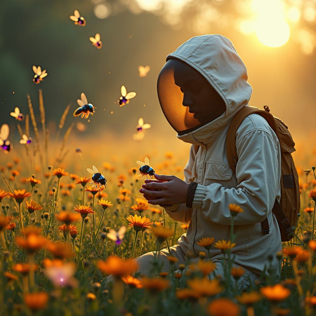 Beekeeper Amidst Holographic Bees in a Vibrant, Futuristic M...