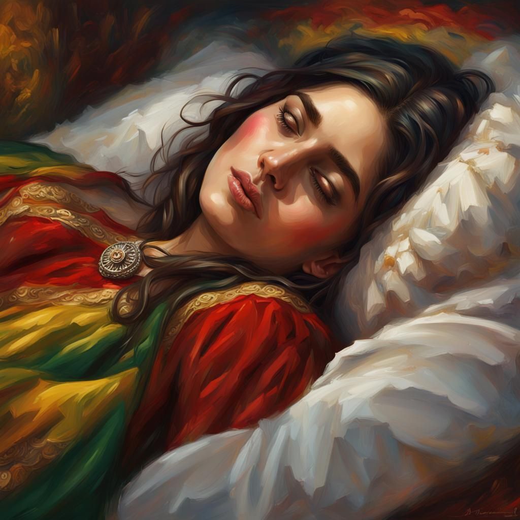 Kurdish Girl Asleep: Detailed Matte Oil Painting