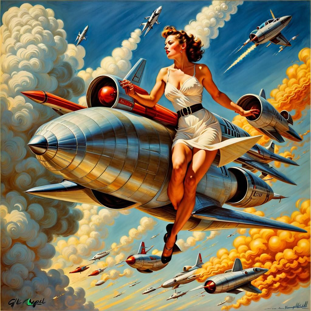 Romantic Academia Heroine Rides Rocket in Space, Pin-Up Styl...