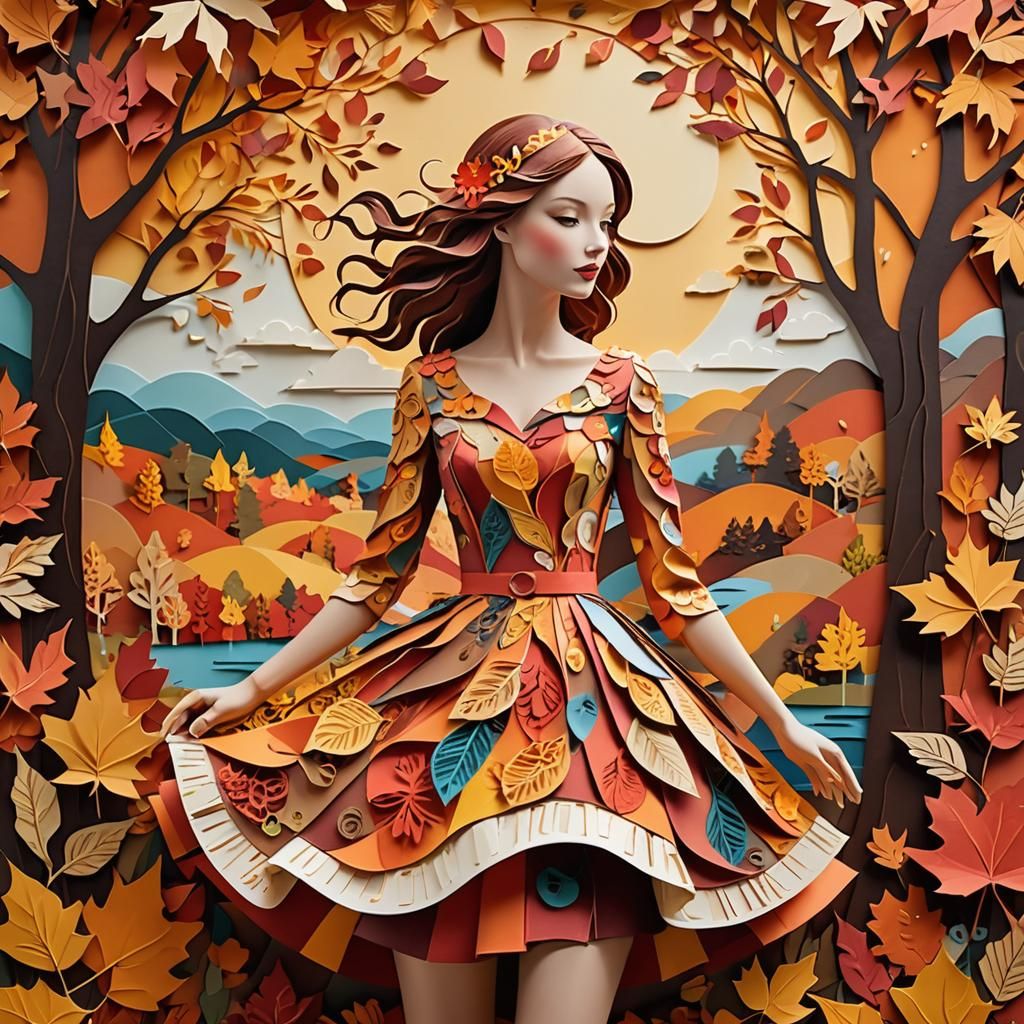 Autumn Paper Collage Dress in Warm Colors