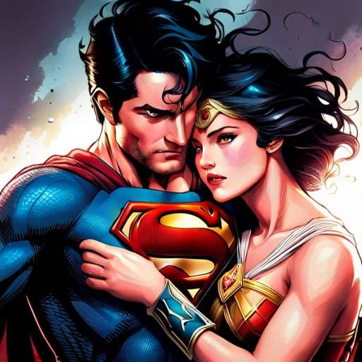 Superman and Wonder Woman Embrace, Digital Art