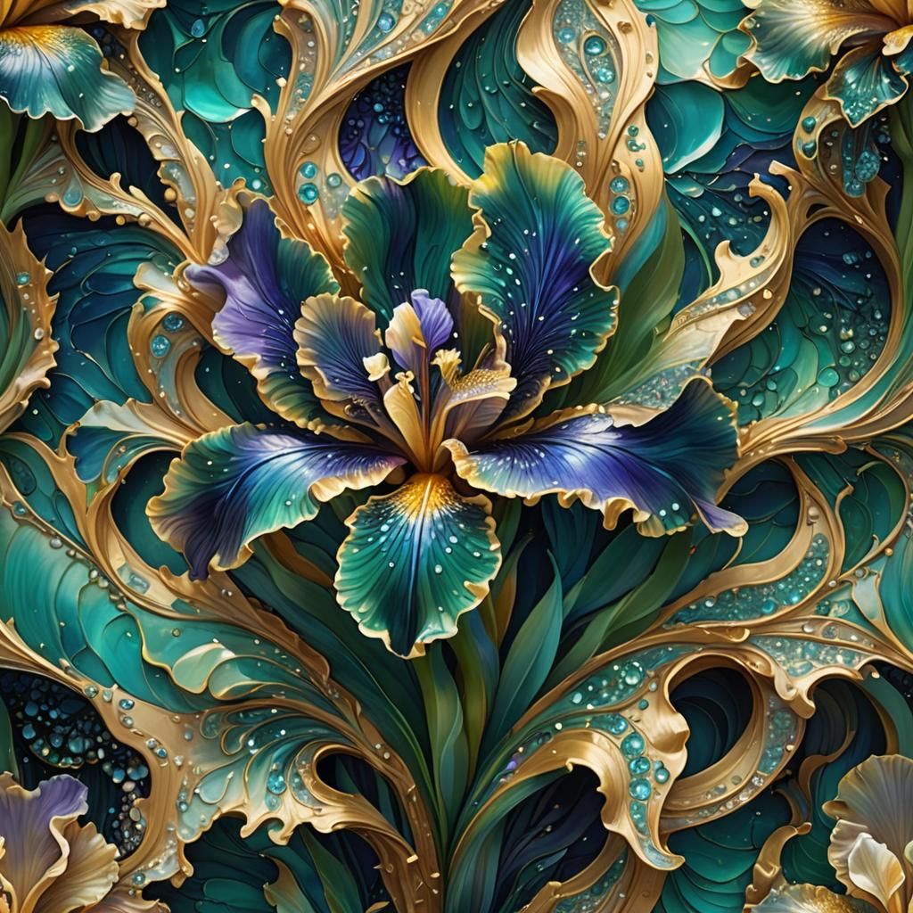 Emerald Iris with Golden Swirls in Art Nouveau Style