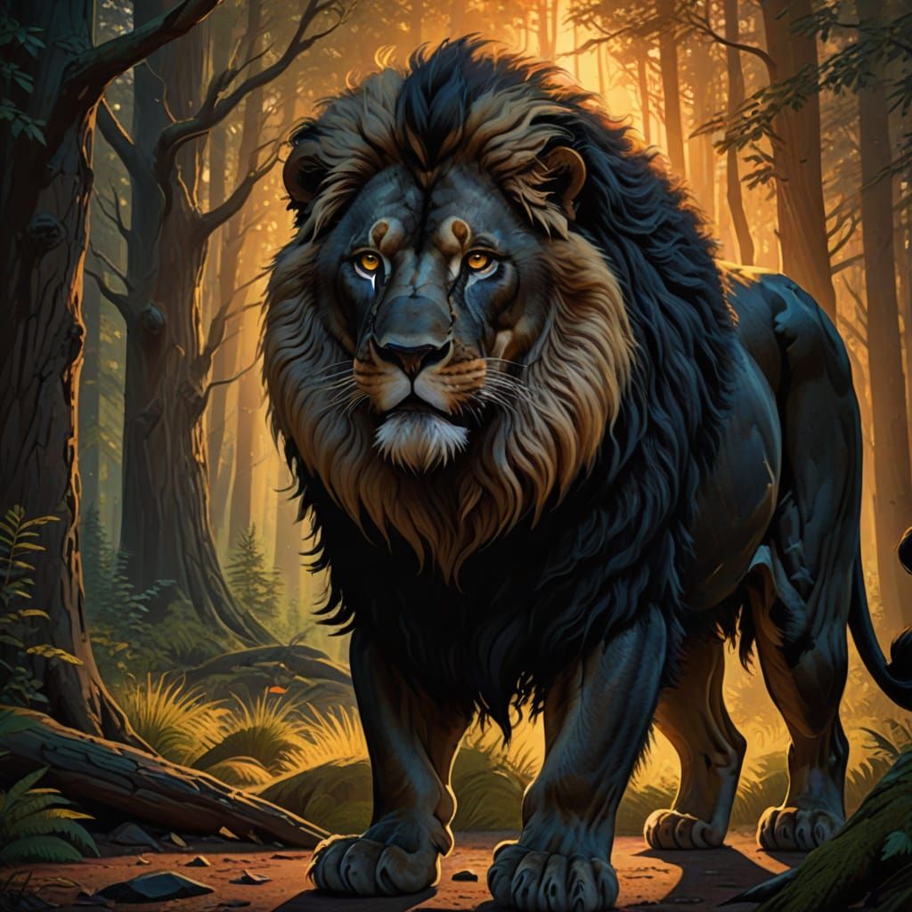 Majestic Black Lion in Forest: Digital Fantasy Art