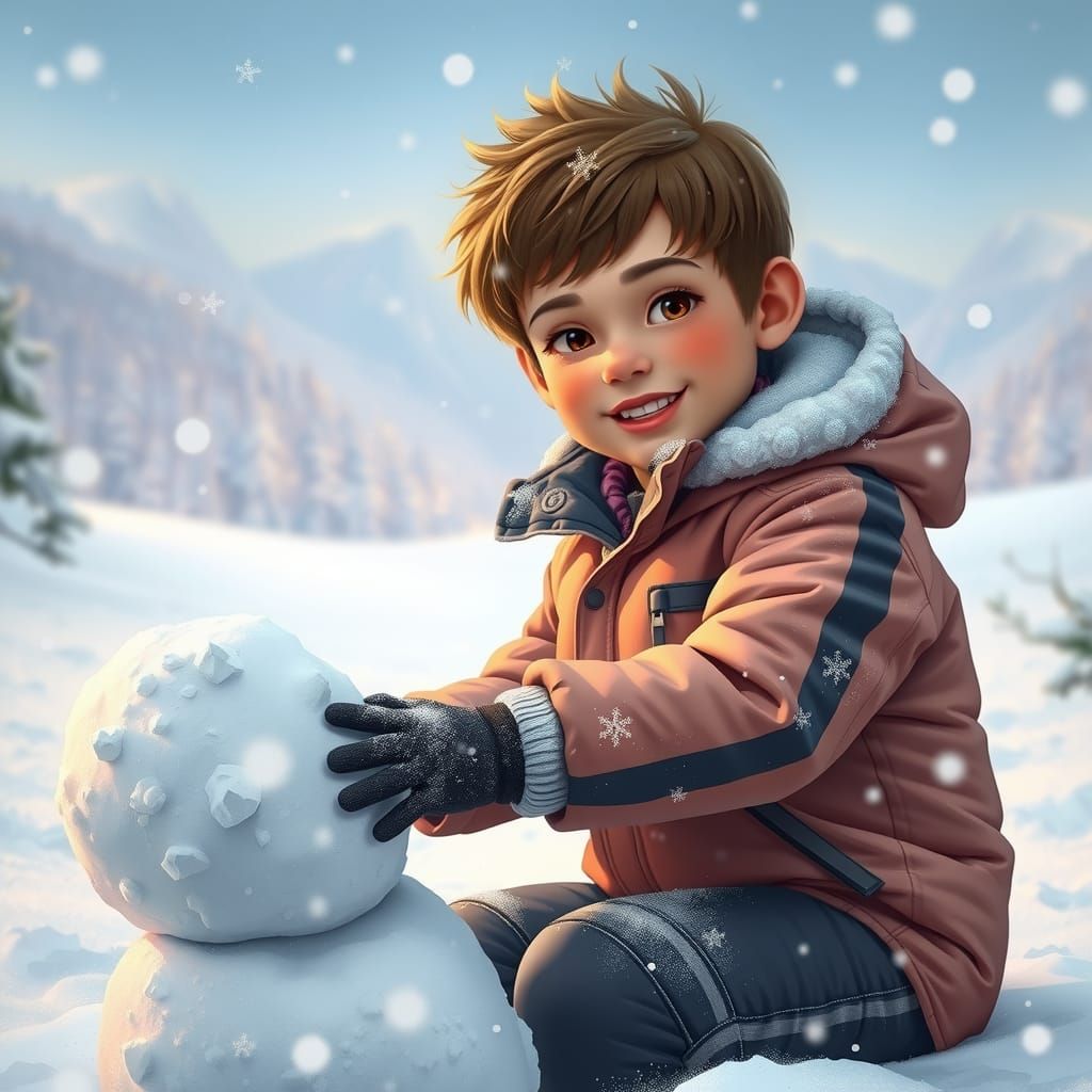 Boy Builds Snowman in Winter Wonderland: Digital Art