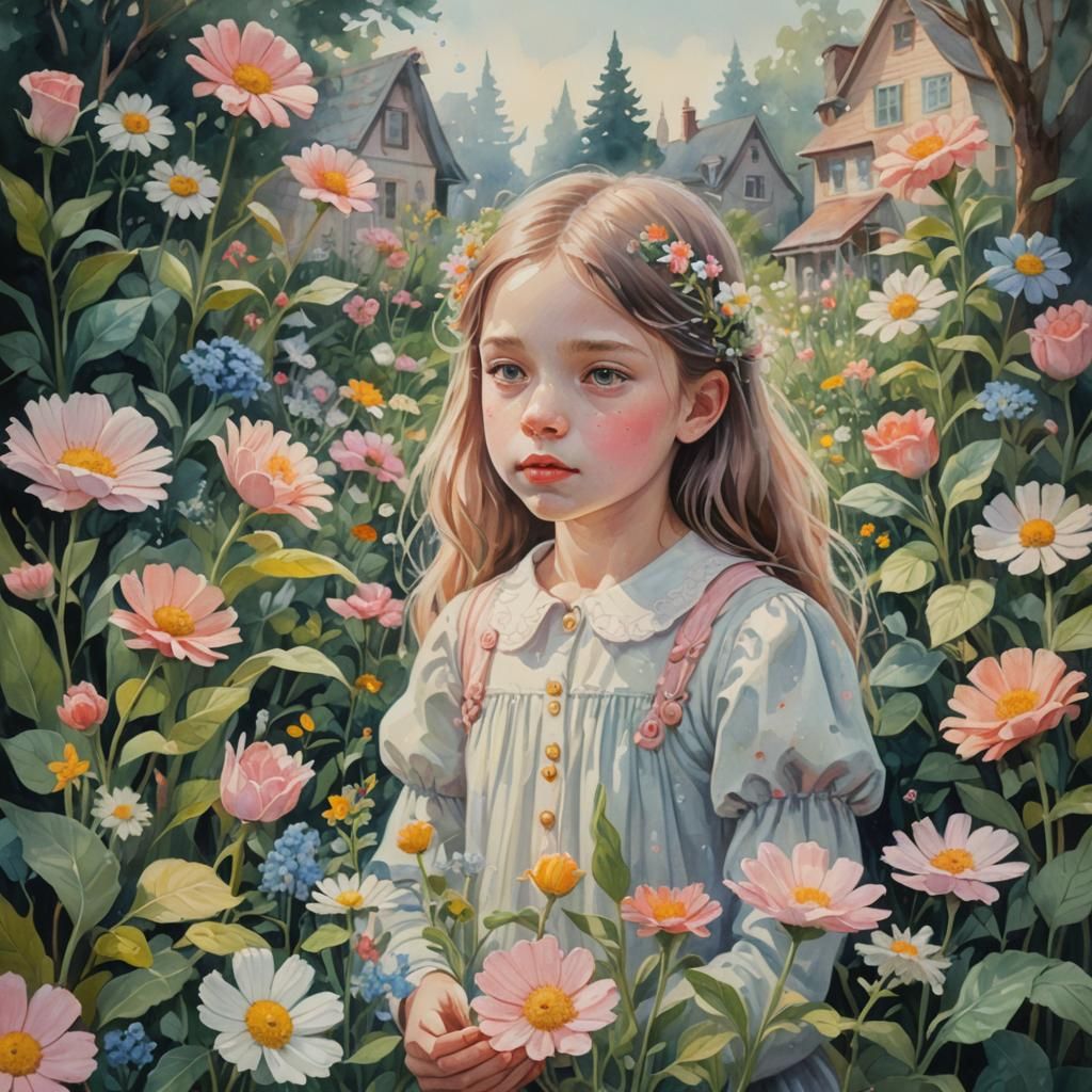 Surreal Fairytale Girl in Dreamlike Gouache Portrait