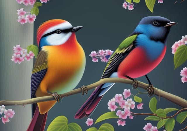Cute Bird on Blossoming Branch in Vector Art