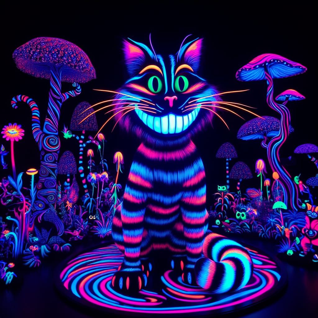 Neon Cat in Bioluminescent Fantasy Landscape