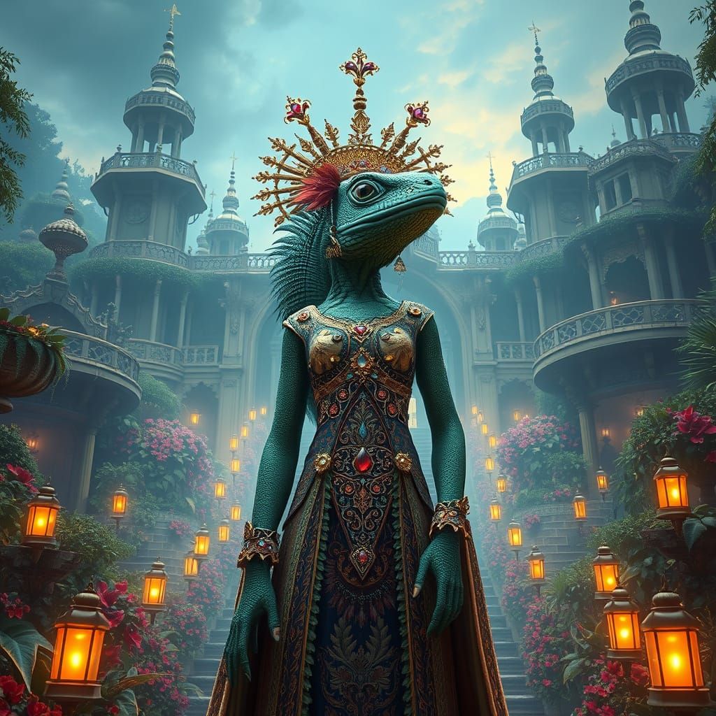 Majestic Iguana Queen Reigns in Vibrant Palace