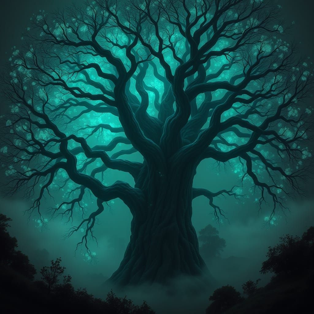 Ancient Tree Radiates Ethereal Glow in Mystical Forest