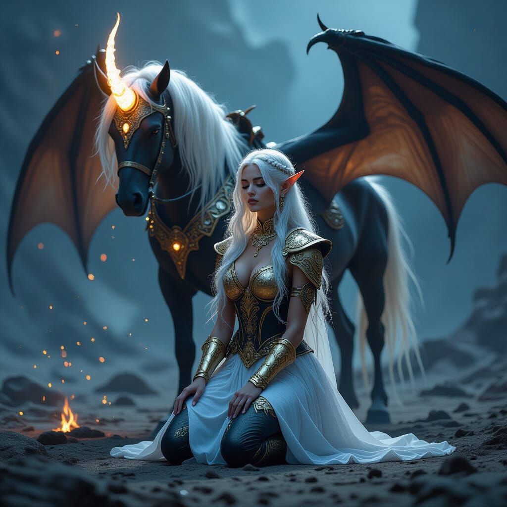 Elven Sorceress with Demonic Steed in Fantasy Scene