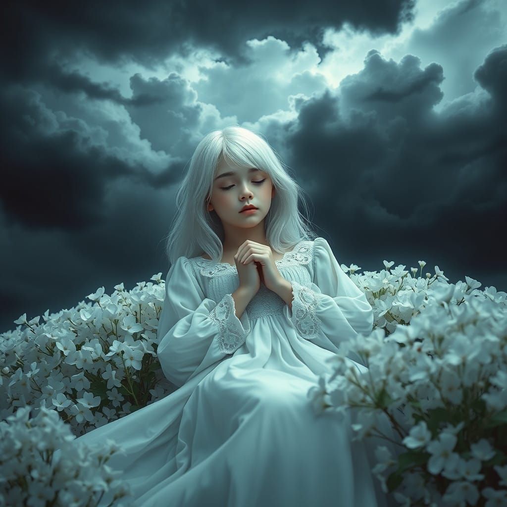 Surreal Girl in White Amidst Jasmine and Dark Skies