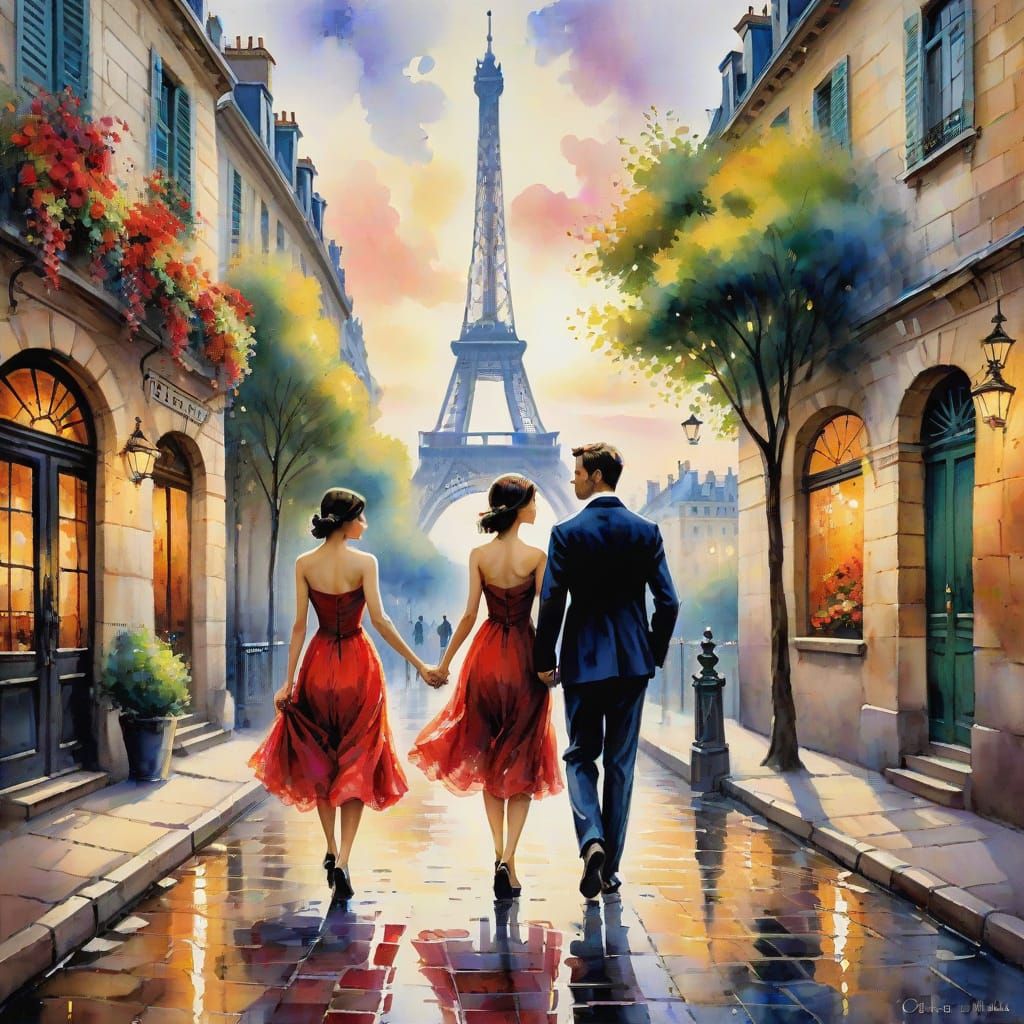 Romantic Watercolor Scene with Abstract Accents of Eiffel To...