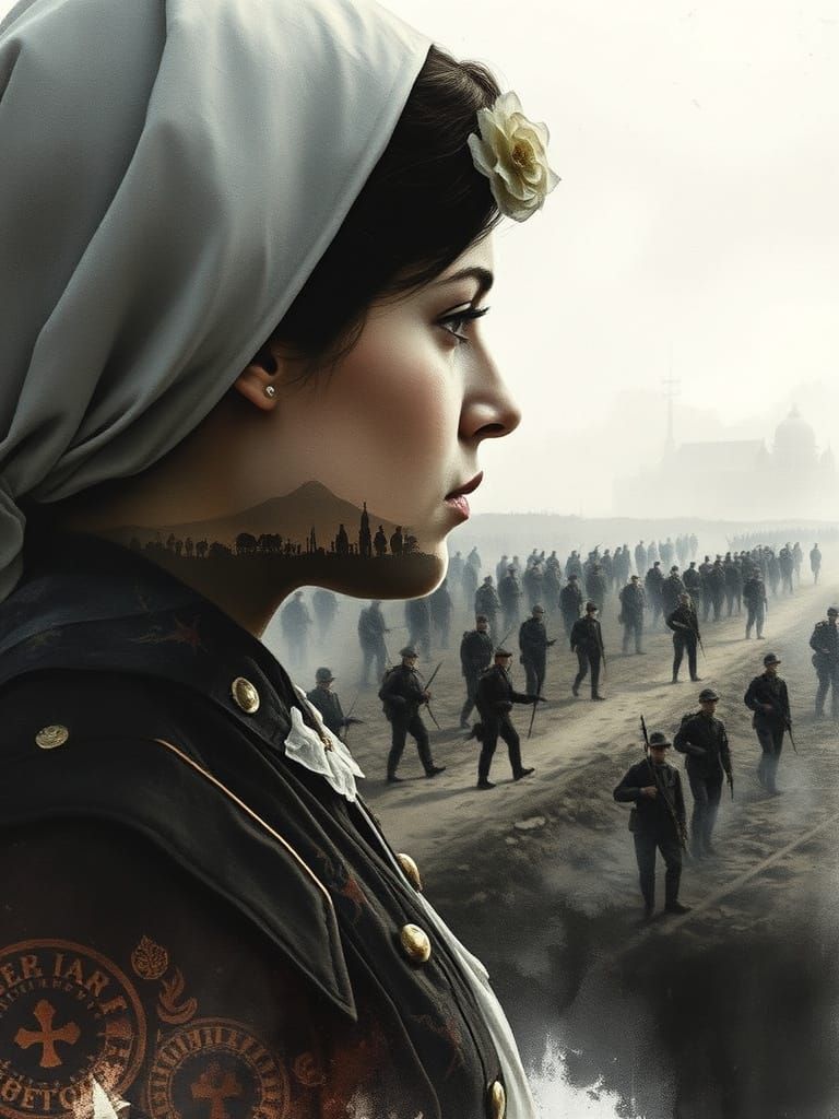 Surreal English Nurse Silhouette Amidst World War I Battlefi...