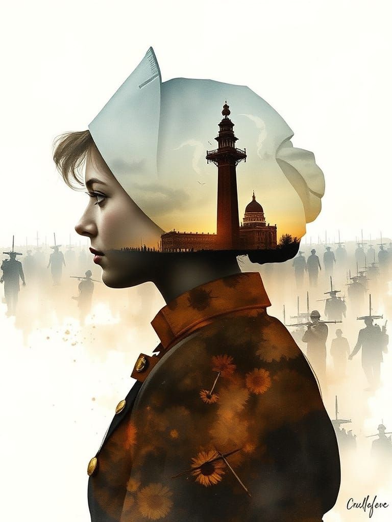 Nurse Silhouette Amidst Wartime Chaos in Watercolor and Ink