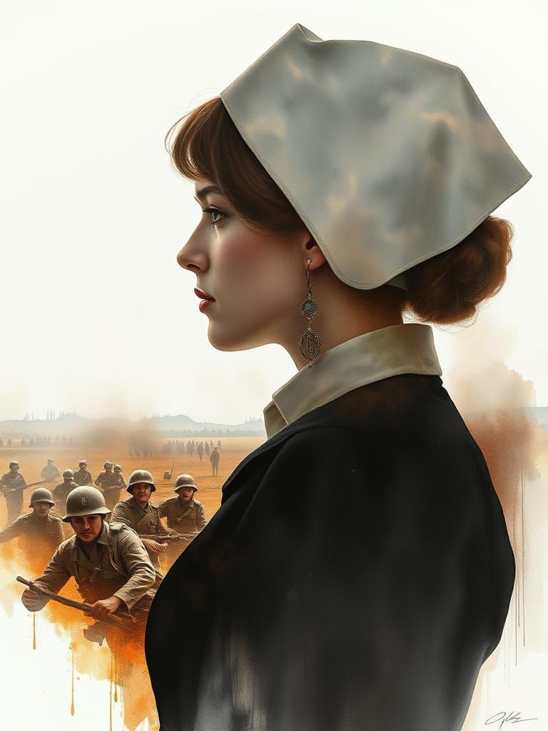 A 1910s English Nurse in a Surreal War-Torn Landscape