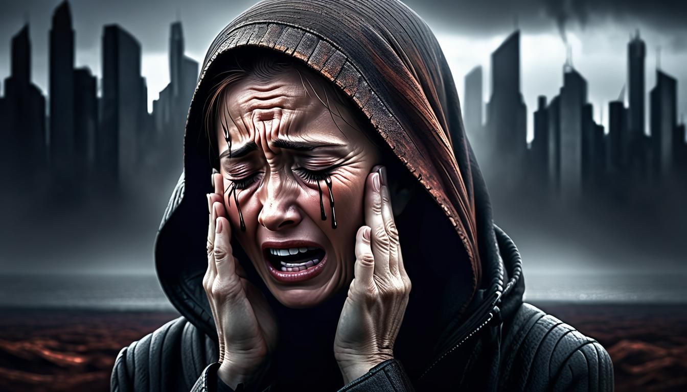 Woman Crying Alone in Dystopian Digital World