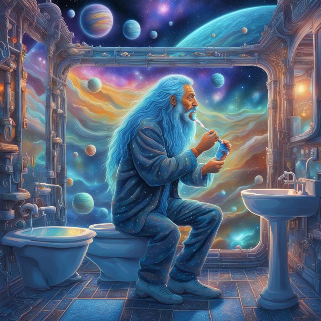 Man Brushing Teeth in Starship Bathroom