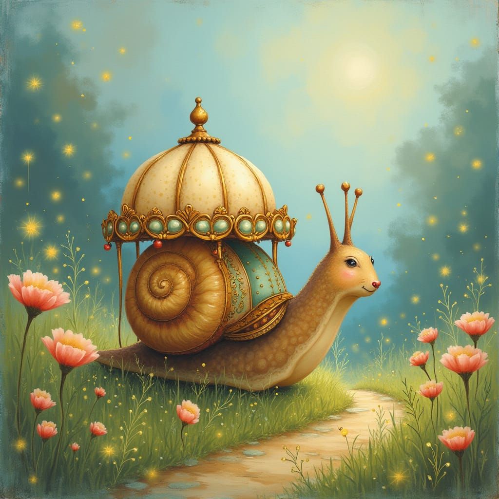 A whimsical, oversized snail with a shell resembling a minia...