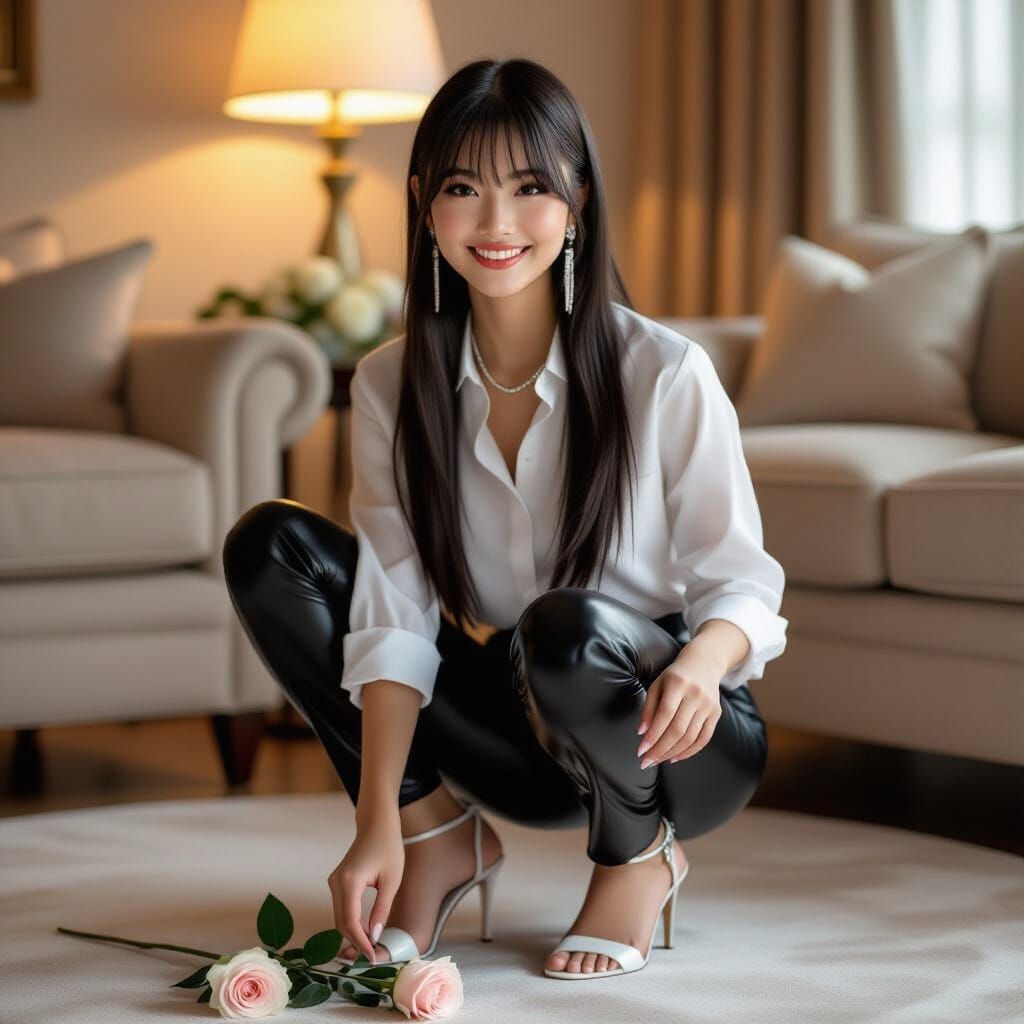 Young Asian Teenager in Leather Pants Squatting Gracefully