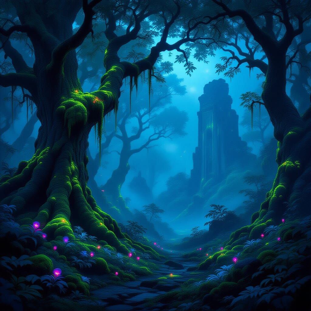 Twilight Valley With Glowing Moss and Ancient Trees