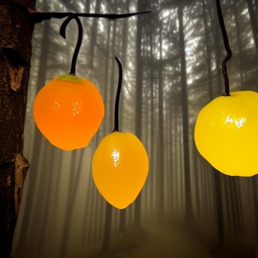 Fantasy Mage in Spooky Forest with Fruit Lanterns