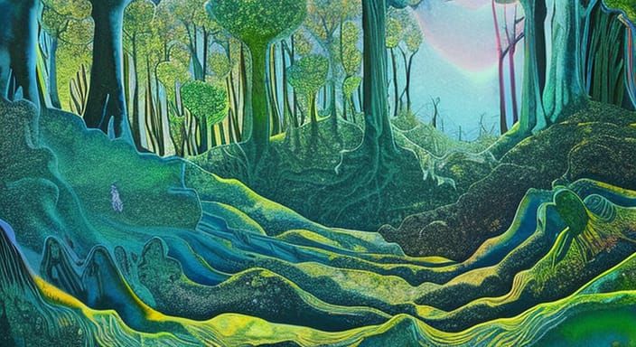 Iridescent Alien Forest in Reduction Linoprint Style