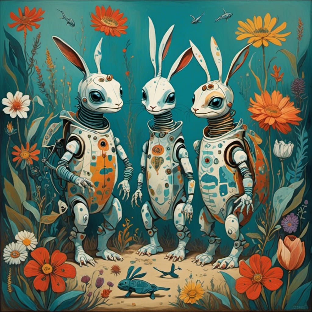 Cute Robots Relaxing in Flower Garden