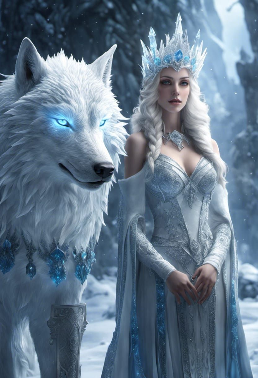Radiant Ice Queen and White Wolf in Snow