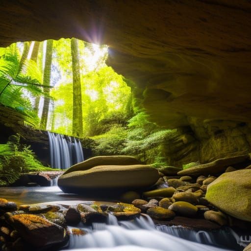 Serene Cave with Waterfall in Photorealistic Detail