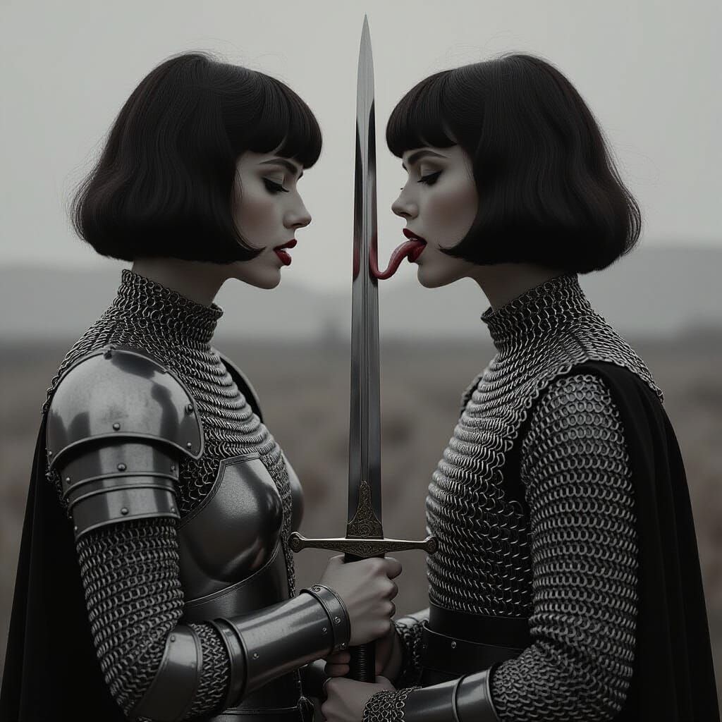 Surreal Double Exposure Portrait of Woman in Chain Mail