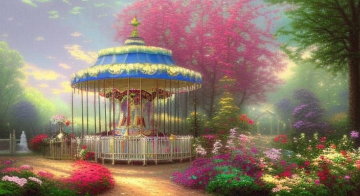 Victorian Carousel in Ethereal Pastel Flower Garden